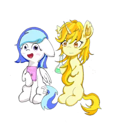 Size: 1080x1080 | Tagged: safe, artist:淬月星辉, derpibooru import, oc, unofficial characters only, pegasus, unicorn, derpibooru community collaboration, 2022 community collab, beaker, blushing, floppy ears, image, png, smiling