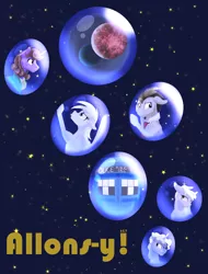 Size: 1900x2500 | Tagged: safe, artist:sixes&sevens, derpibooru import, derpy hooves, dinky hooves, doctor whooves, ponet, time turner, earth pony, pegasus, unicorn, fanfic, bubble, doctor who, eighth doctor, fanfic art, fanfic cover, image, planet, png, stars, tardis, tenth doctor