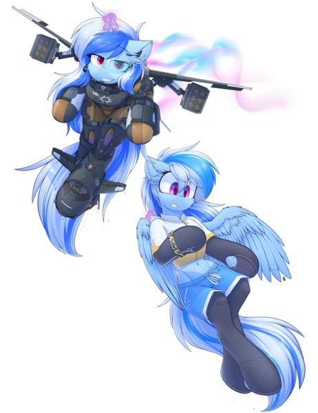 Size: 3151x4096 | Tagged: safe, artist:movieskywalker, derpibooru import, oc, oc:ravist, oc:twilight thunder, unofficial characters only, pegasus, unicorn, derpibooru community collaboration, 2022 community collab, apex legends, bipedal, clothes, derpibooru exclusive, flying, image, magic, mecha, png, simple background, smiling, smirk, transparent background