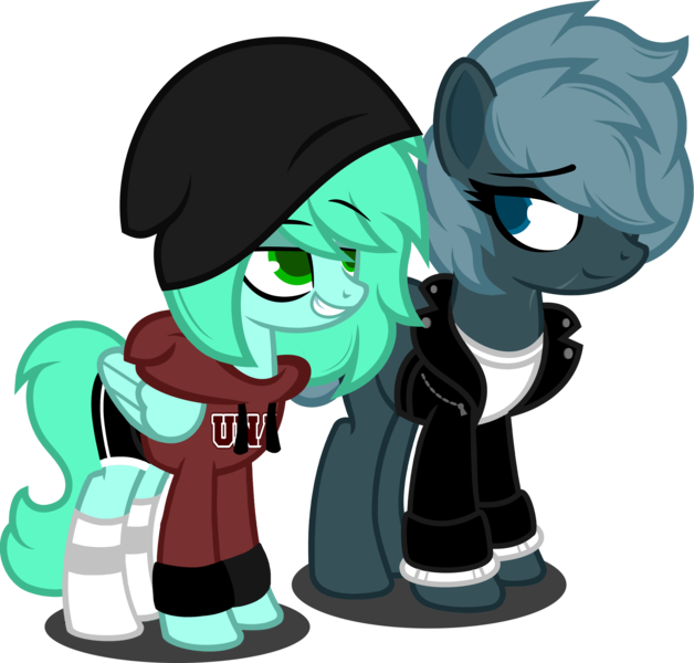 Size: 5519x5270 | Tagged: safe, artist:buckeyescozycafe, derpibooru import, oc, oc:flash freeze, oc:madison meadows, pegasus, pony, derpibooru community collaboration, 2022 community collab, beanie hat, clothes, female, hoodie, image, looking at each other, looking at someone, mare, png, simple background, socks, transparent background