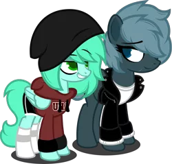 Size: 5519x5270 | Tagged: safe, artist:buckeyescozycafe, derpibooru import, oc, oc:flash freeze, oc:madison meadows, pegasus, pony, derpibooru community collaboration, 2022 community collab, beanie hat, clothes, female, hoodie, image, looking at each other, looking at someone, mare, png, simple background, socks, transparent background