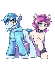 Size: 1800x2400 | Tagged: safe, artist:ravistdash, derpibooru import, oc, oc:otakulight, oc:wubu, unofficial characters only, pony, derpibooru community collaboration, 2022 community collab, clothes, collar, headset, heterochromia, hoodie, image, png, simple background, transparent background