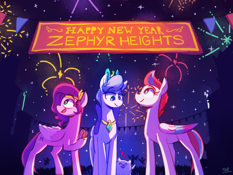 Size: 2400x1800 | Tagged: safe, artist:scribbling-potato, derpibooru import, pipp petals, queen haven, zipp storm, pegasus, celebration, female, fireworks, g5, happy new year, happy new year 2022, holiday, image, jpeg, trio, zephyr heights