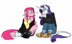 Size: 1577x963 | Tagged: safe, artist:redxbacon, derpibooru import, pinkie pie, rarity, anthro, earth pony, plantigrade anthro, unicorn, blushing, boots, cigarette, clothes, ear piercing, earring, female, floppy ears, heart, image, jeans, jewelry, jpeg, leonine tail, lesbian, pants, piercing, raripie, shipping, shoes, socks, striped socks, tail, tanktop