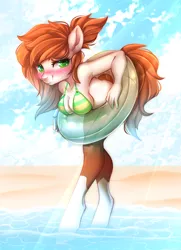 Size: 800x1103 | Tagged: safe, artist:cabbage-arts, derpibooru import, oc, unofficial characters only, anthro, earth pony, unguligrade anthro, beach, bikini, blushing, breasts, cleavage, clothes, commission, commissioner:phoenix-mask, earth pony oc, female, image, png, pool toy, solo, swimsuit, water, ych result