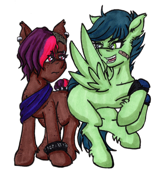 Size: 1200x1300 | Tagged: safe, artist:andras, derpibooru import, oc, oc:cold grave, oc:moonlight gale, unofficial characters only, earth pony, pegasus, derpibooru community collaboration, 2022 community collab, bandaid, ear piercing, earth pony oc, goth, image, pegasus oc, piercing, png, simple background, sporty style, transparent background, wings