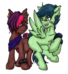 Size: 1200x1300 | Tagged: safe, artist:andras, derpibooru import, oc, oc:cold grave, oc:moonlight gale, unofficial characters only, earth pony, pegasus, derpibooru community collaboration, 2022 community collab, bandaid, ear piercing, earth pony oc, goth, image, pegasus oc, piercing, png, simple background, sporty style, transparent background, wings