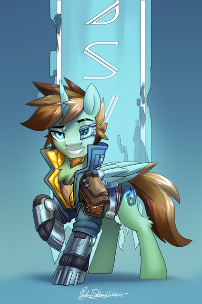 Size: 2000x3000 | Tagged: safe, artist:jedayskayvoker, derpibooru import, oc, oc:glow speed, alicorn, cyborg, cyborg pony, pony, alicorn oc, borderlands, borderlands 3, crossover, cybernetic legs, horn, image, looking at you, male, male alicorn, male alicorn oc, png, prosthetic eye, prosthetics, stallion, wings, zane flynt