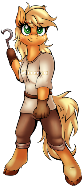 Size: 1896x4214 | Tagged: safe, artist:kimmyartmlp, derpibooru import, applejack, anthro, unguligrade anthro, amputee, clothes, commissioner:robbieierubino, hook hand, hooves, image, png, prosthetics, simple background, solo, transparent background, watermark