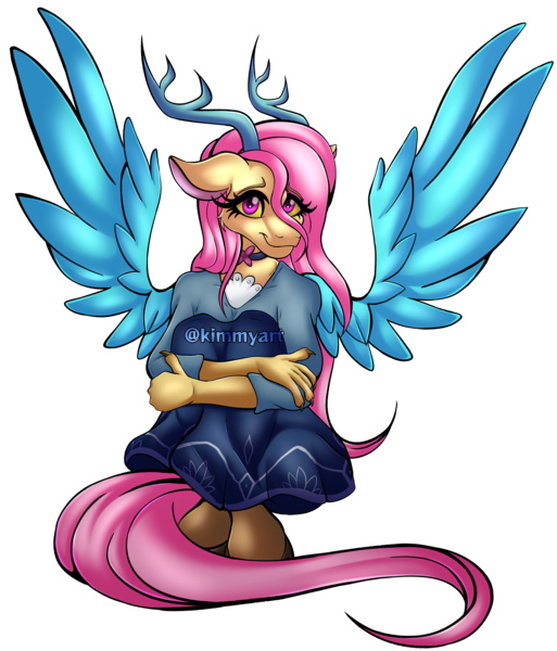 Size: 3463x4049 | Tagged: safe, artist:kimmyartmlp, derpibooru import, fluttershy, anthro, draconequus, clothes, commissioner:robbieierubino, draconequified, female, image, png, simple background, solo, species swap, transparent background