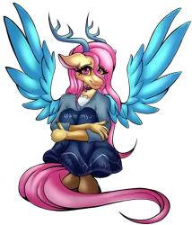 Size: 3463x4049 | Tagged: safe, artist:kimmyartmlp, derpibooru import, fluttershy, anthro, draconequus, clothes, commissioner:robbieierubino, draconequified, female, image, png, simple background, solo, species swap, transparent background