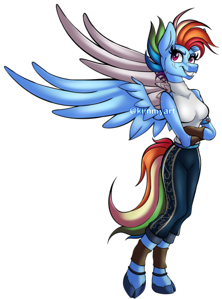 Size: 2984x4016 | Tagged: safe, artist:kimmyartmlp, derpibooru import, rainbow dash, anthro, pegasus, unguligrade anthro, amputee, artificial wings, augmented, clothes, cloven hooves, commission, commissioner:robbieierubino, crossed arms, female, image, pants, png, prosthetic limb, prosthetics, prosthetic wing, simple background, solo, transparent background, wings