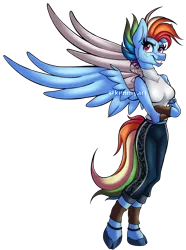 Size: 2984x4016 | Tagged: safe, artist:kimmyartmlp, derpibooru import, rainbow dash, anthro, pegasus, unguligrade anthro, amputee, artificial wings, augmented, clothes, cloven hooves, commission, commissioner:robbieierubino, crossed arms, female, image, pants, png, prosthetic limb, prosthetics, prosthetic wing, simple background, solo, transparent background, wings