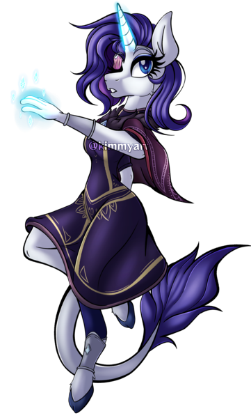 Size: 2574x4283 | Tagged: safe, artist:kimmyartmlp, derpibooru import, rarity, anthro, unguligrade anthro, unicorn, commission, commissioner:robbieierubino, eyepatch, female, glow, glowing hands, glowing horn, horn, image, leonine tail, magic, png, simple background, solo, tail, transparent background