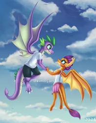 Size: 2346x2985 | Tagged: safe, artist:kimmyartmlp, derpibooru import, smolder, spike, anthro, dragon, clothes, cloud, commission, commissioner:megamchughx, duo, female, flying, image, male, png, shipping, shirt, shorts, skirt, sky, spolder, straight, tanktop, winged spike, wings