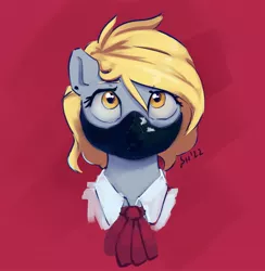 Size: 1691x1730 | Tagged: safe, artist:drafthoof, derpibooru import, derpy hooves, alternate hairstyle, collar, face, face mask, image, jpeg, mask, simple background, underp