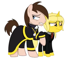 Size: 2732x2048 | Tagged: safe, artist:awgear, derpibooru import, oc, oc:goldmare, oc:polished gear, unofficial characters only, earth pony, pony, unicorn, derpibooru community collaboration, 2022 community collab, clothes, female, image, male, mare, png, show accurate, simple background, stallion, transparent background