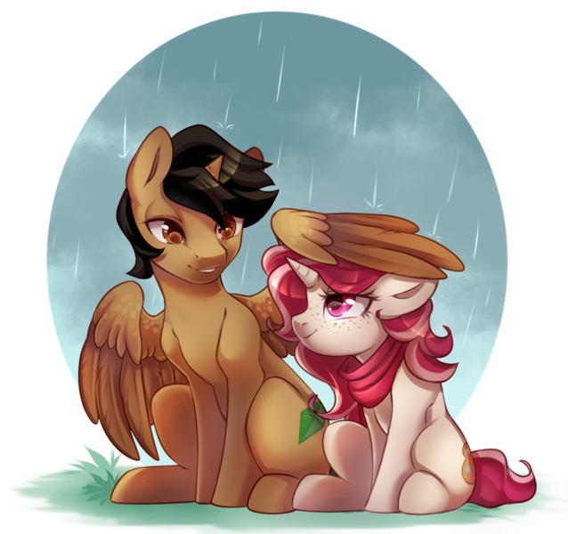 Size: 800x752 | Tagged: safe, artist:cabbage-arts, derpibooru import, oc, unofficial characters only, alicorn, pony, unicorn, alicorn oc, commission, commissioner:red palette, duo, female, grass, horn, image, male, partial background, png, rain, simple background, transparent background, unicorn oc, wings, ych result