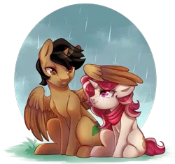 Size: 800x752 | Tagged: safe, artist:cabbage-arts, derpibooru import, oc, unofficial characters only, alicorn, pony, unicorn, alicorn oc, commission, commissioner:red palette, duo, female, grass, horn, image, male, partial background, png, rain, simple background, transparent background, unicorn oc, wings, ych result