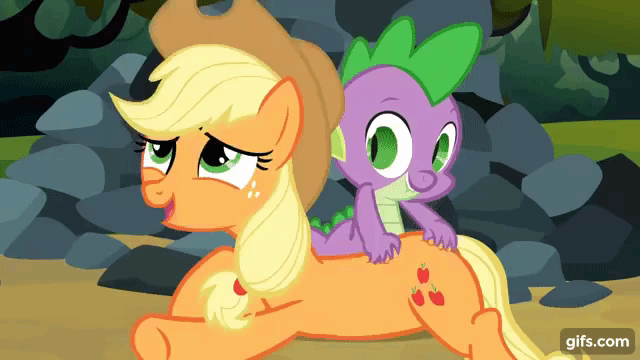 Size: 640x360 | Tagged: safe, derpibooru import, screencap, applejack, spike, dragon, earth pony, pony, season 3, spike at your service, animated, applejack's hat, back scratching, cowboy hat, duo, female, gif, gifs.com, hat, image, male, mane, mare