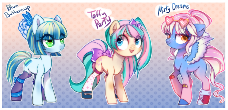 Size: 1136x550 | Tagged: safe, artist:cabbage-arts, derpibooru import, oc, oc:blue buttercup, oc:misty dreams, oc:taffy party, unofficial characters only, earth pony, pegasus, pony, clothes, earth pony oc, female, gradient background, image, pegasus oc, png, socks, trio, wings