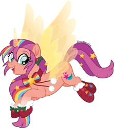 Size: 3552x4000 | Tagged: safe, artist:limedazzle, derpibooru import, sunny starscout, alicorn, pony, my little pony: a new generation, christmas, clothes, g5, holiday, image, open mouth, png, simple background, socks, sunnycorn, transparent background