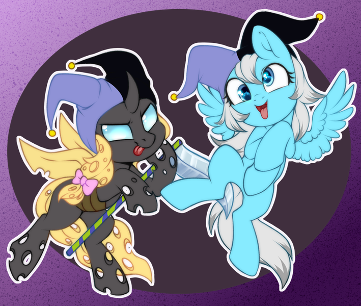 Size: 800x677 | Tagged: safe, artist:cabbage-arts, derpibooru import, oc, unofficial characters only, changeling, pegasus, pony, changeling oc, commission, commissioner:decorafluff, cute, derp, duo, female, hat, image, jester, jester hat, pegasus oc, png, silly, silly pony, tongue out, wings