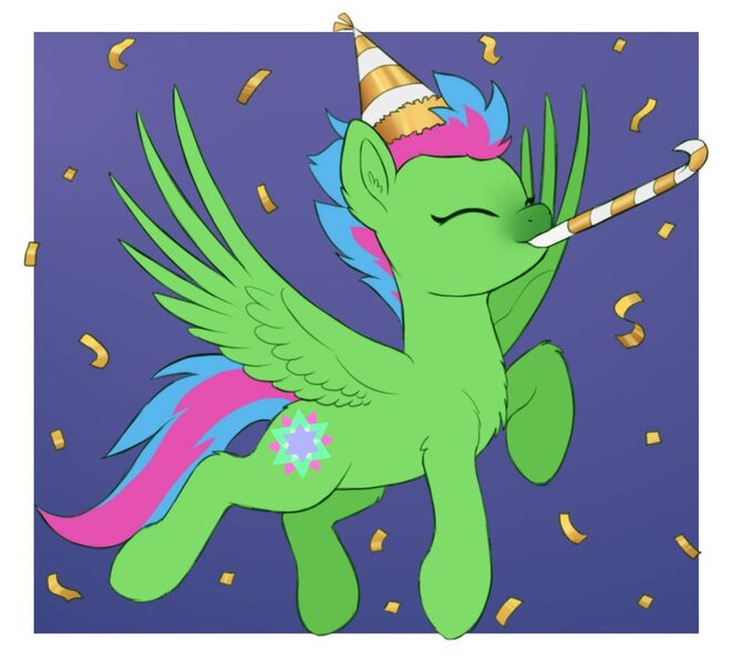 Size: 938x852 | Tagged: safe, artist:luminousdazzle, derpibooru import, oc, oc:luminous dazzle, unofficial characters only, pegasus, pony, chest fluff, confetti, eyes closed, female, hat, image, jpeg, mare, party hat, party horn, solo, spread wings, wings