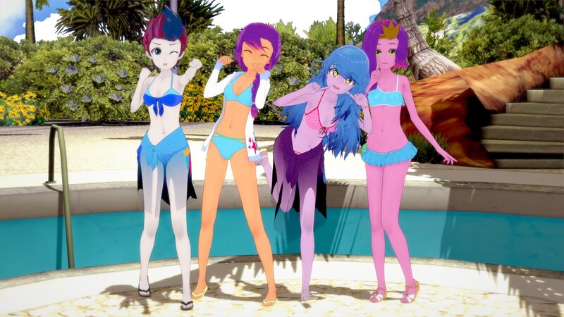 Size: 1280x720 | Tagged: safe, artist:legions20, derpibooru import, izzy moonbow, pipp petals, sunny starscout, zipp storm, equestria girls, my little pony: a new generation, belly button, bikini, clothes, cute, equestria girls-ified, feet, g5, image, jpeg, looking at you, sandals, smiling, swimsuit, toes