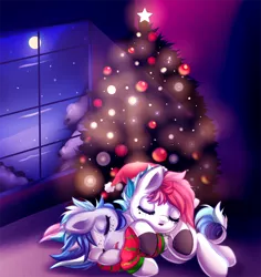 Size: 900x955 | Tagged: safe, artist:cabbage-arts, derpibooru import, oc, unofficial characters only, pony, christmas, christmas tree, commission, commissioner:odd.owo, cuddling, cute, duo, eyes closed, female, hat, holiday, image, night, png, santa hat, sleeping, tree, ych result