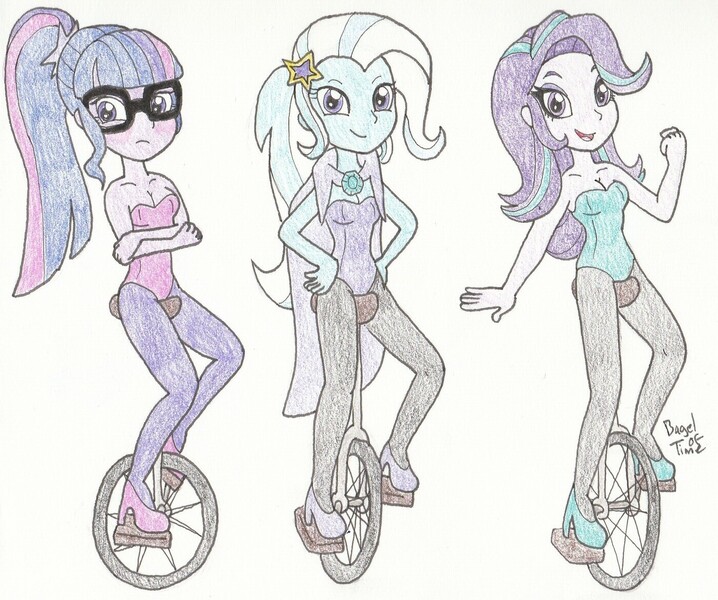 Size: 1400x1170 | Tagged: safe, artist:bageloftime, derpibooru import, sci-twi, starlight glimmer, trixie, twilight sparkle, equestria girls, blushing, clothes, glasses, high heels, image, jpeg, leotard, open mouth, open smile, pantyhose, shoes, smiling, traditional art, unicycle