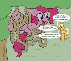 Size: 2000x1709 | Tagged: safe, artist:pony-thunder, derpibooru import, applejack, pinkie pie, earth pony, pony, comic, image, lasso, open mouth, open smile, png, rope, smiling, tangled up, tree