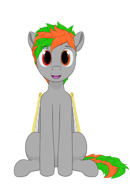 Size: 2480x3508 | Tagged: safe, artist:laykeen, derpibooru import, oc, oc:oples, pegasus, pony, derpibooru community collaboration, 2022 community collab, amputee, artificial wings, augmented, derpibooru exclusive, folded wings, grey fur, happy, heterochromia, image, png, prosthetic limb, prosthetic wing, prosthetics, simple background, simple shading, sitting, solo, transparent background, wings