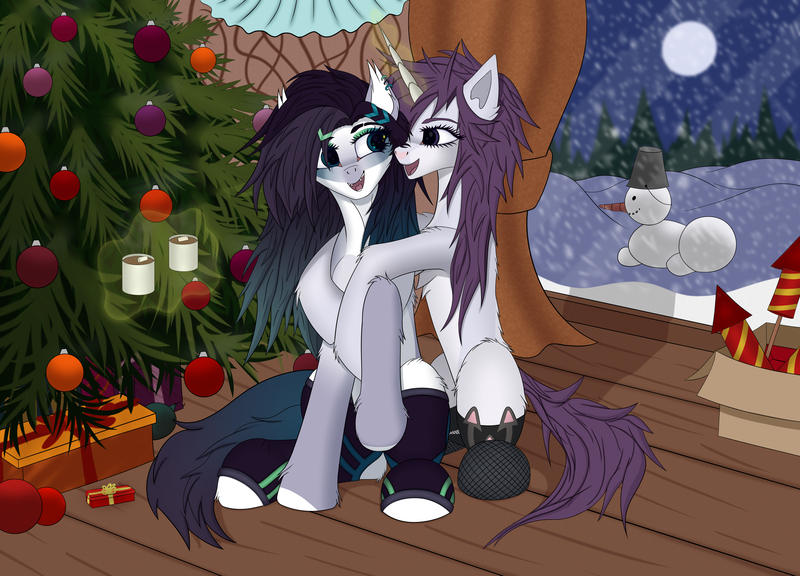 Size: 6000x4320 | Tagged: safe, artist:zweihander, derpibooru import, oc, earth pony, pegasus, pony, absurd resolution, box, christmas, christmas tree, clothes, cute, digital art, duo, duo female, female, fluffy, happy, holiday, hug, image, jpeg, mare, moon, open mouth, open smile, present, raised hoof, smiling, snow, snowfall, snowpony, socks, tree, window, wooden floor