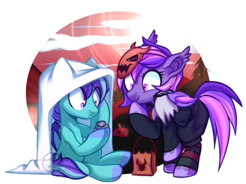 Size: 900x674 | Tagged: safe, artist:cabbage-arts, derpibooru import, oc, unofficial characters only, bat pony, bat pony oc, bat wings, clothes, costume, duo, female, halloween, holiday, i got a rock, image, partial background, png, simple background, transparent background, wings