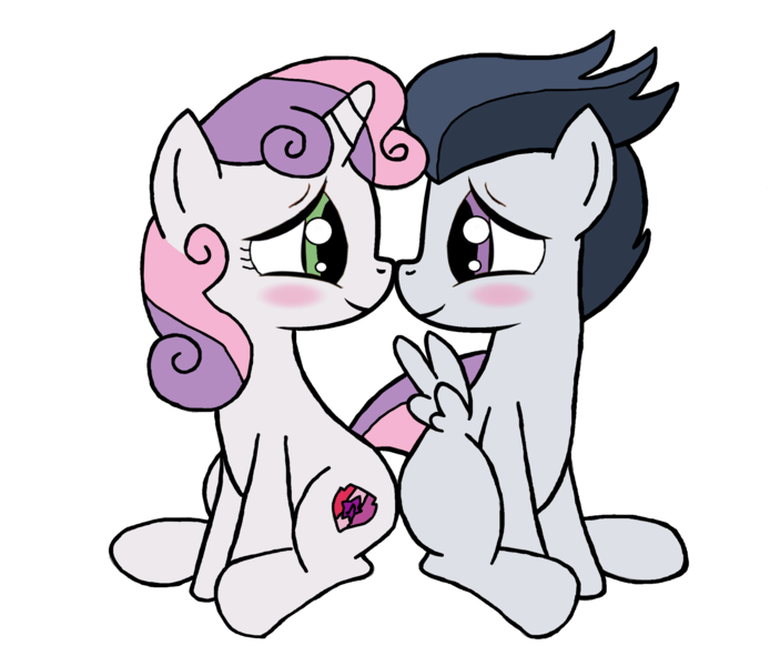 Size: 2423x2095 | Tagged: safe, artist:lunaticdawn, derpibooru import, rumble, sweetie belle, pegasus, pony, unicorn, blushing, boop, colt, cute, cutie mark, eye contact, female, filly, foal, image, looking at each other, looking at someone, male, png, rumbelle, shipping, simple background, sitting, smiling, straight, transparent background