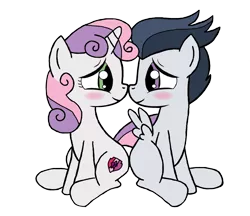 Size: 2423x2095 | Tagged: safe, artist:lunaticdawn, derpibooru import, rumble, sweetie belle, pegasus, pony, unicorn, blushing, boop, colt, cute, cutie mark, eye contact, female, filly, foal, image, looking at each other, looking at someone, male, png, rumbelle, shipping, simple background, sitting, smiling, straight, transparent background