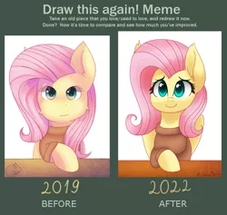 Size: 784x744 | Tagged: safe, artist:greenmarta, derpibooru import, fluttershy, pegasus, pony, clothes, comparison, draw this again, female, image, png, redraw, sweater, sweatershy