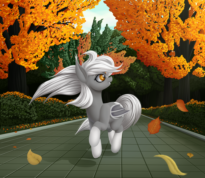 Size: 3000x2600 | Tagged: safe, artist:palibrik, derpibooru import, oc, unofficial characters only, bat pony, pony, autumn, bat pony oc, bat wings, female, image, leaves, park, png, running, solo, tree, wind, windswept mane, wings