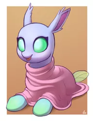 Size: 1500x1950 | Tagged: safe, artist:luminousdazzle, derpibooru import, oc, oc:eltyra, unofficial characters only, changedling, changeling, insect, :p, blanket, changeling oc, cute, digital art, gradient hooves, image, lying down, png, prone, simple background, smiling, solo, tongue out