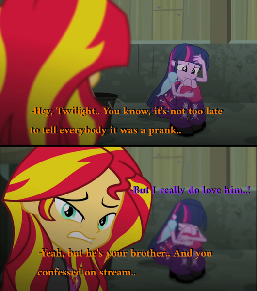 Size: 1080x1222 | Tagged: suggestive, derpibooru import, edit, edited screencap, screencap, shining armor, sunset shimmer, twilight sparkle, human, equestria girls, rainbow rocks, boots, brother and sister, clothes, crying, cutie mark, cutie mark on clothes, dialogue, eyes closed, female, females only, image, implied incest, implied infidelity, implied shiningsparkle, implied shipping, implied straight, incest, infidelity, jacket, leather jacket, livestream, male, png, shiningsparkle, shipping, shoes, siblings, sitting on floor, straight, text, twicest, worried