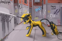 Size: 2400x1600 | Tagged: safe, artist:miramore, derpibooru import, oc, ponified, pony, robot, robot pony, unicorn, 2022, alley, alleyway, among us, angry, blast, brazil, city, cleaning, english, focused, graffiti, gray background, image, inside joke, leaning forward, machine, meme, outdoors, png, portuguese, signature, simple background, solo, text, washing, water
