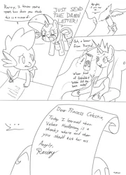 Size: 1591x2214 | Tagged: safe, artist:hyakuen, derpibooru import, princess celestia, rarity, spike, alicorn, dragon, unicorn, them's fightin' herds, aftermath, bruised, comic, community related, couch, crossover, crying, dirty, friendship lesson, image, implied velvet reindeer, letter, makeup, mascara, monochrome, png, running makeup, simple background, vulgar, white background