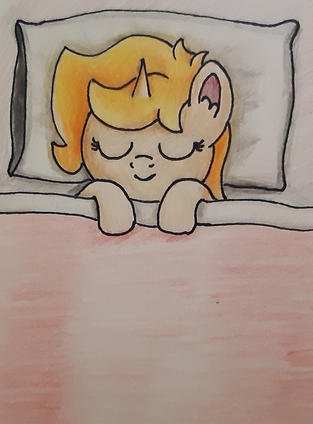 Size: 1480x2005 | Tagged: safe, artist:pastelsplash, derpibooru import, oc, oc:finnian s., unofficial characters only, pony, unicorn, bed, femboy, image, jpeg, male, sleeping, traditional art