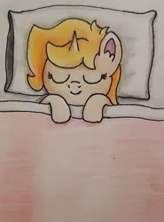 Size: 1480x2005 | Tagged: safe, artist:pastelsplash, derpibooru import, oc, oc:finnian s., unofficial characters only, pony, unicorn, bed, femboy, image, jpeg, male, sleeping, traditional art