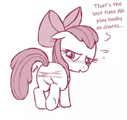 Size: 648x608 | Tagged: safe, artist:nekostar, derpibooru import, edit, apple bloom, apple bloom's bow, blushing, bow, butt, chores, corporal punishment, featureless crotch, hair bow, image, irresponsible, png, punishment, raised tail, reddened butt, spanked, spank mark, speech, striped rump, tail, talking, text, throbbing