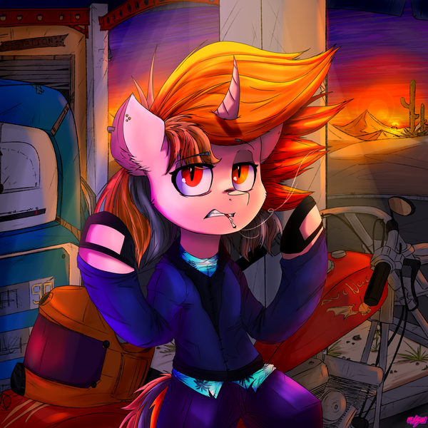 Size: 3040x3040 | Tagged: safe, artist:mjsw, derpibooru import, oc, oc:majuvelliy, unofficial characters only, pony, unicorn, clothes, female, gas station, image, mare, motorcycle, piercing, png, smoking, solo, sunset