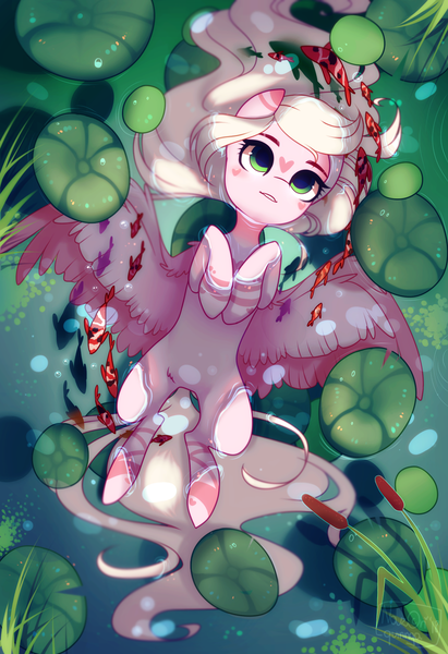 Size: 1300x1900 | Tagged: safe, alternate version, artist:nazori, derpibooru import, oc, unofficial characters only, fish, pegasus, pony, alternate character, commission, featureless crotch, image, lilypad, lying down, on back, outdoors, pegasus oc, png, pond, reed, solo, spread wings, water, wings, ych result