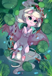 Size: 1300x1900 | Tagged: safe, alternate version, artist:nazori, derpibooru import, oc, unofficial characters only, fish, pegasus, pony, alternate character, commission, featureless crotch, image, lilypad, lying down, on back, outdoors, pegasus oc, png, pond, reed, solo, spread wings, water, wings, ych result