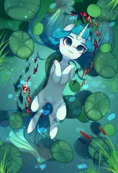 Size: 1300x1900 | Tagged: safe, alternate version, artist:nazori, derpibooru import, oc, unofficial characters only, fish, pony, unicorn, alternate character, commission, featureless crotch, horn, image, lilypad, lying down, on back, outdoors, png, pond, reed, solo, unicorn oc, water, ych result